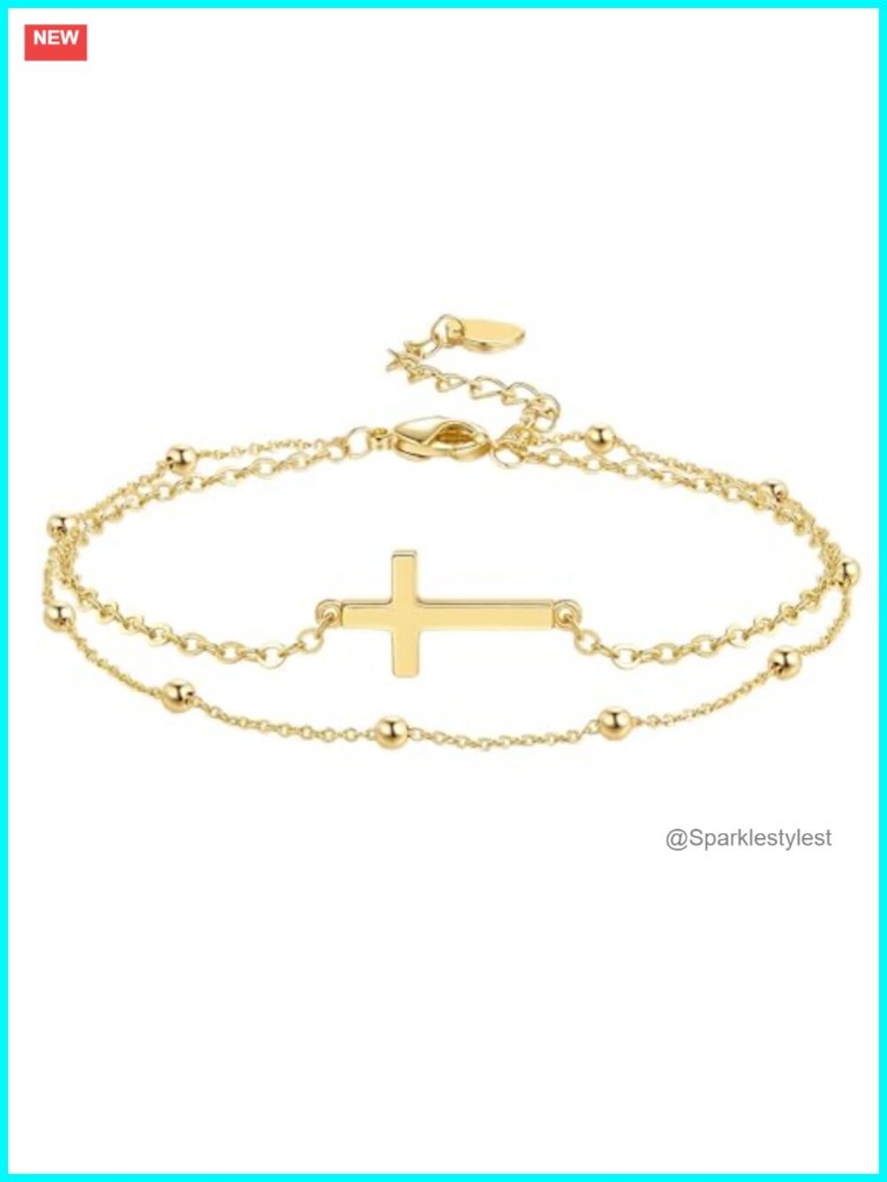 14K Gold Plated Cross Bracelet Women Layered Bead Chain 8.6in